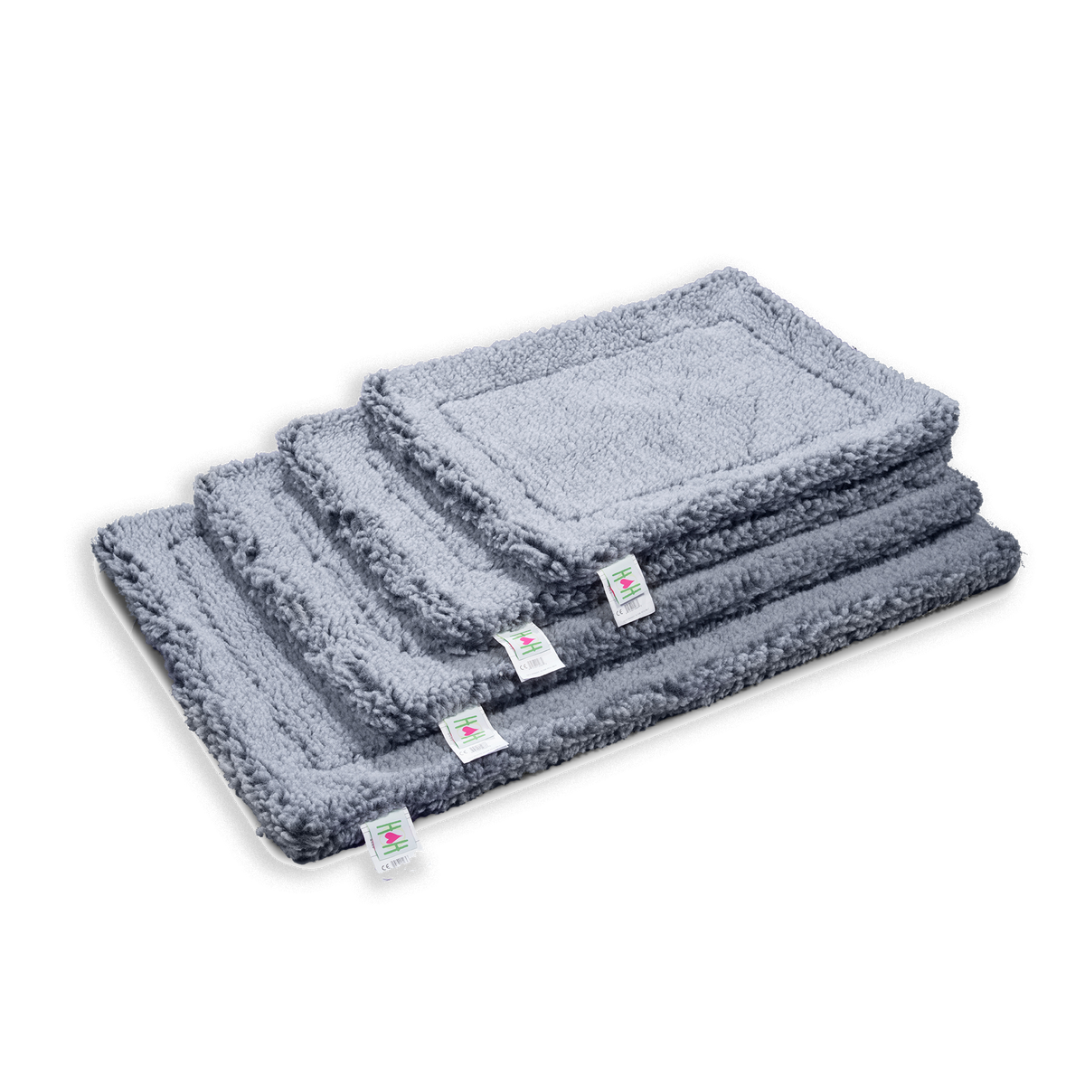 Gray plush mat cat & dog bed set with four stacked pieces and care tags