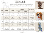 Pet collar and harness size guide chart with dog weight and measurements