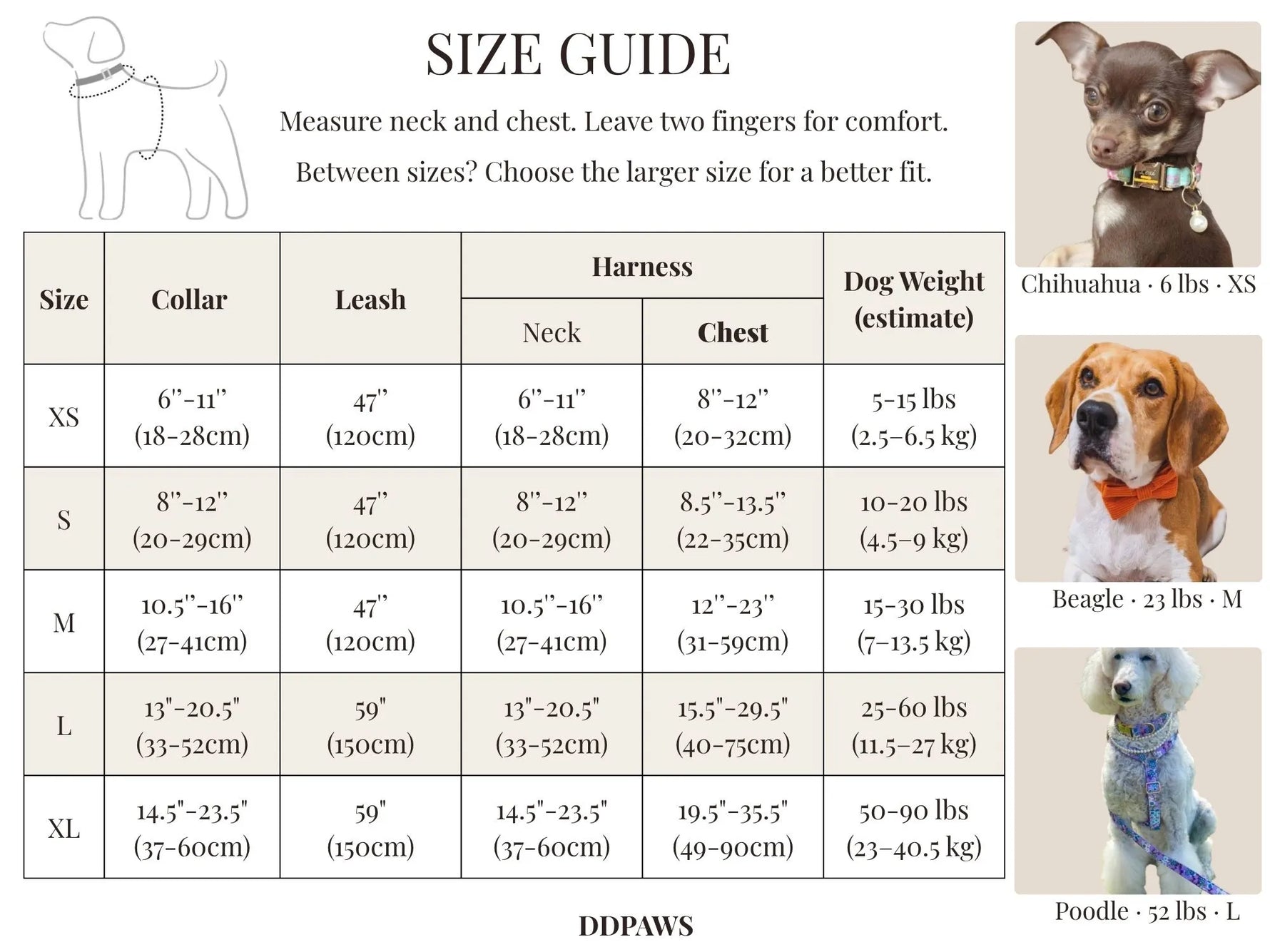 Size guide chart for white satin collar, leash, and harness set by dog weight