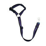 Pet car safety belt & harness, purple strap with black buckles and metal hook
