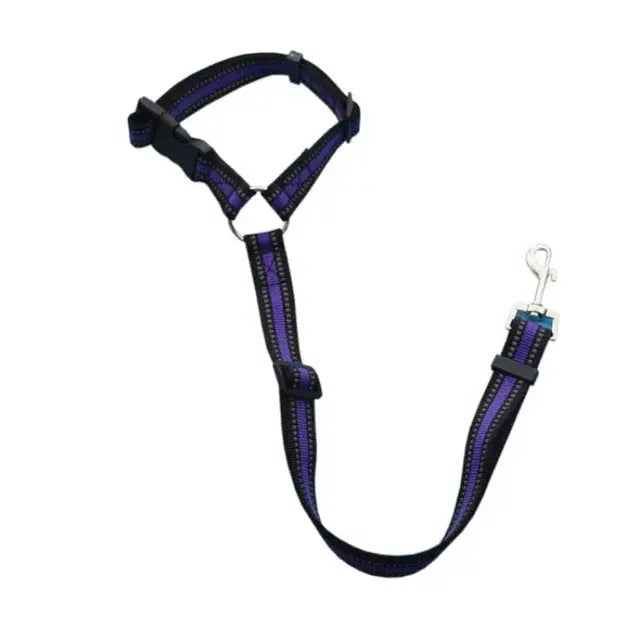 Pet car safety belt & harness, purple strap with black buckles and metal hook