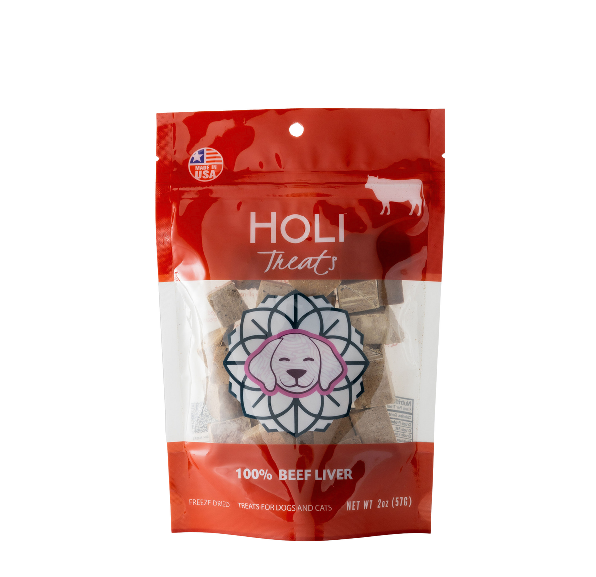 Freeze-dried beef liver dog treats pouch with front design and 100% beef liver text