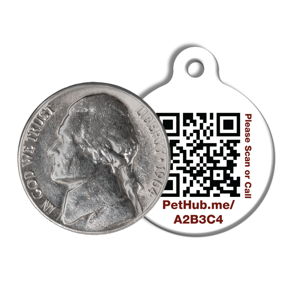 Round QR pet ID tag next to a coin, showing PetHub.com/tag/A2B3C4