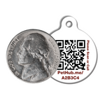 Round QR pet ID tag next to a coin, showing PetHub.com/tag/A2B3C4