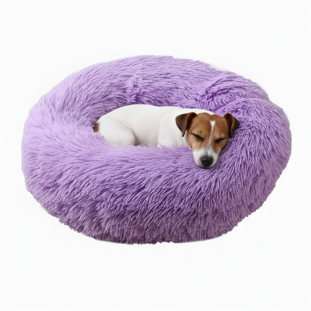 Plush donut pet bed in lavender purple, with small brown-and-white dog