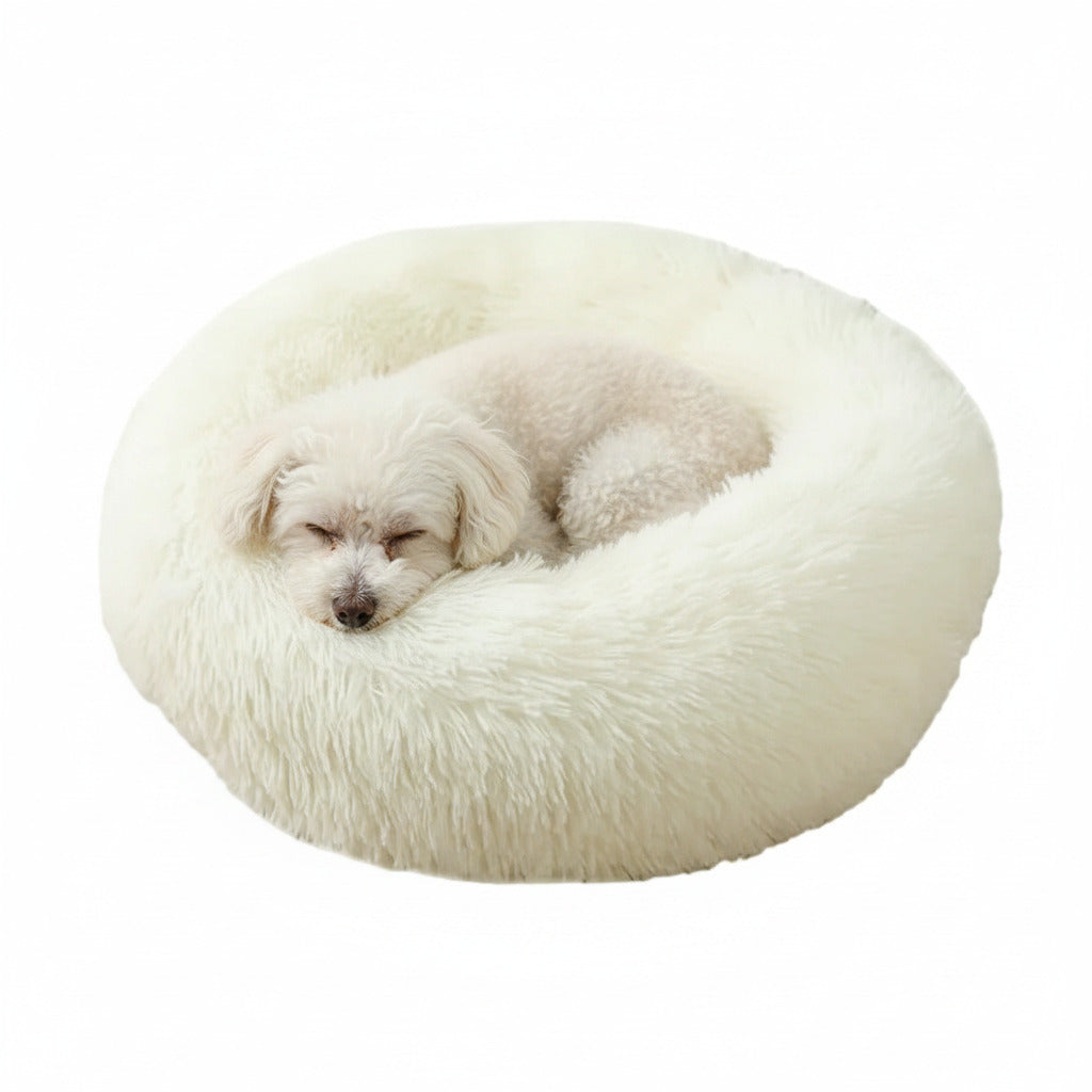 Plush donut pet bed in cream, with small white dog curled inside
