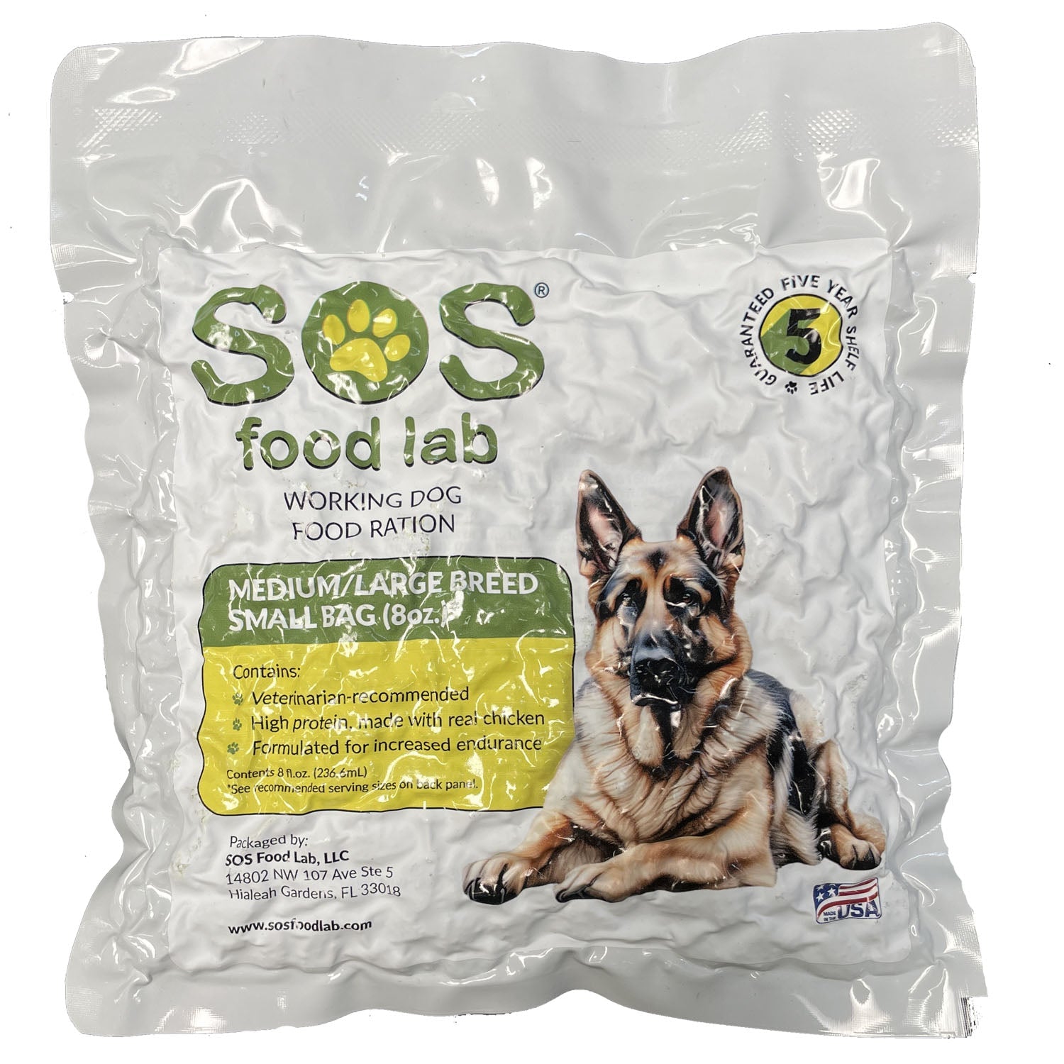 Working dog food ration pouch, white with SOS green label for medium/large breeds