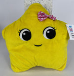 Yellow plush wedge dog toy with embroidered eyes, small bow detail, tag