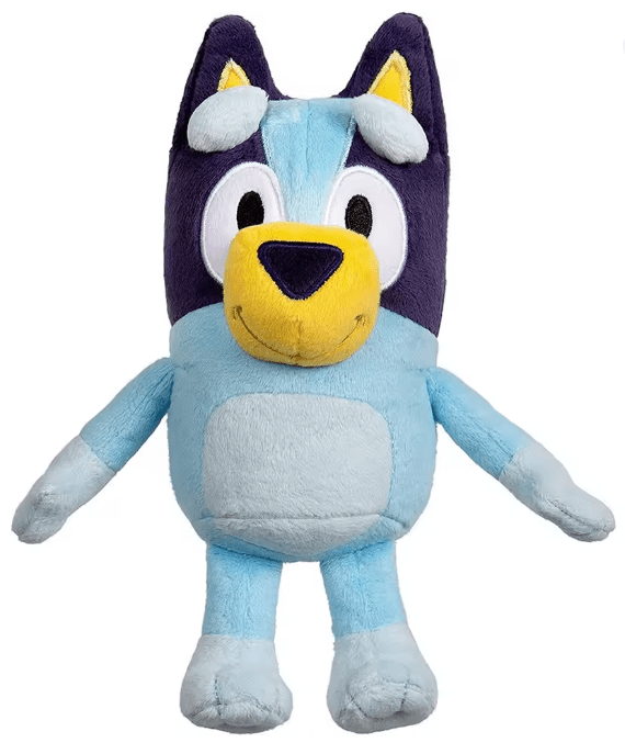 Light blue plush dog toy with dark ears, yellow nose, and big eyes