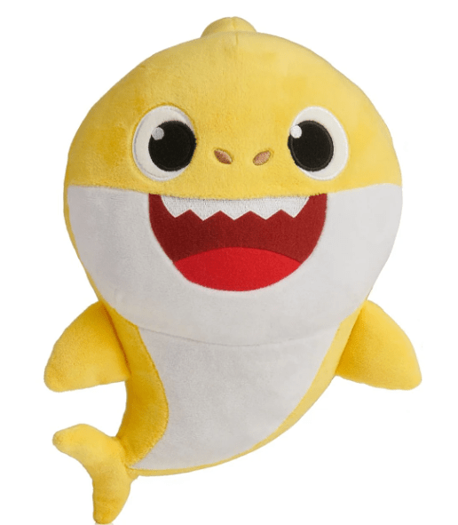 Yellow plush shark dog toy with big eyes and red open-mouth