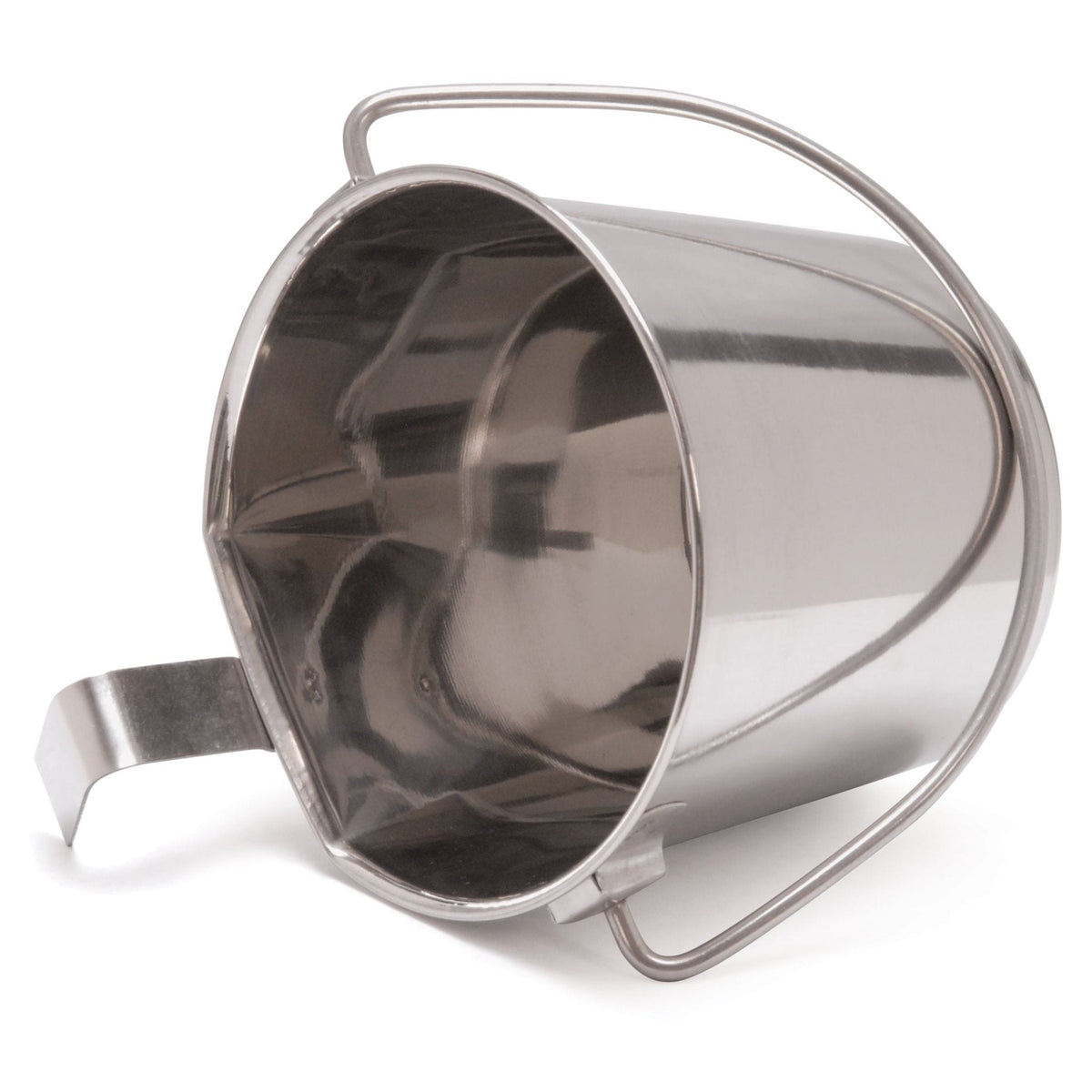 Stainless steel flat-sided pail with hook frame and curved handle, angled view