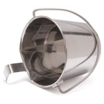 Stainless steel flat-sided pail with hook frame and curved handle, angled view