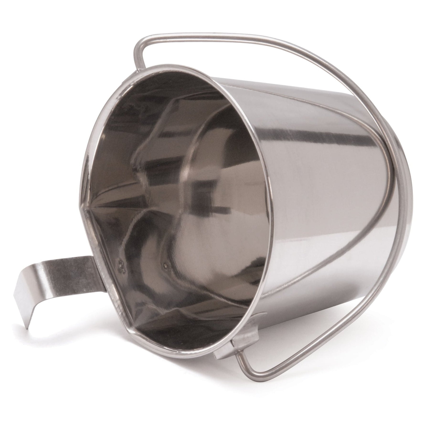 Stainless steel flat-sided pail with hook frame and curved handle, angled view