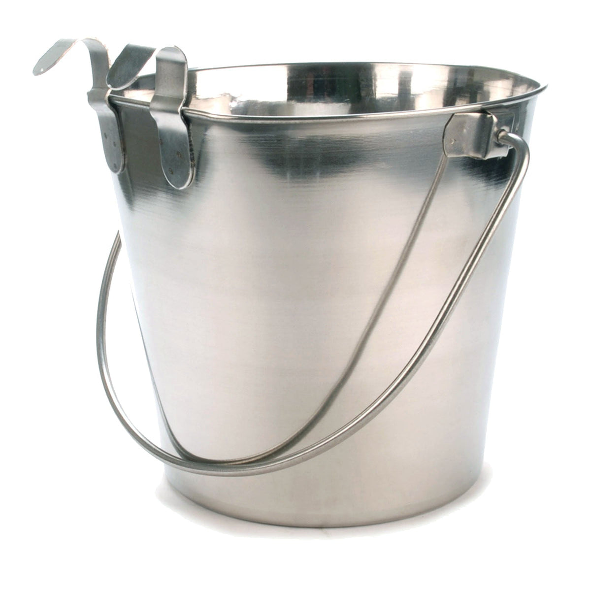 Stainless steel flat-sided pail with two hooks and curved handle, front view
