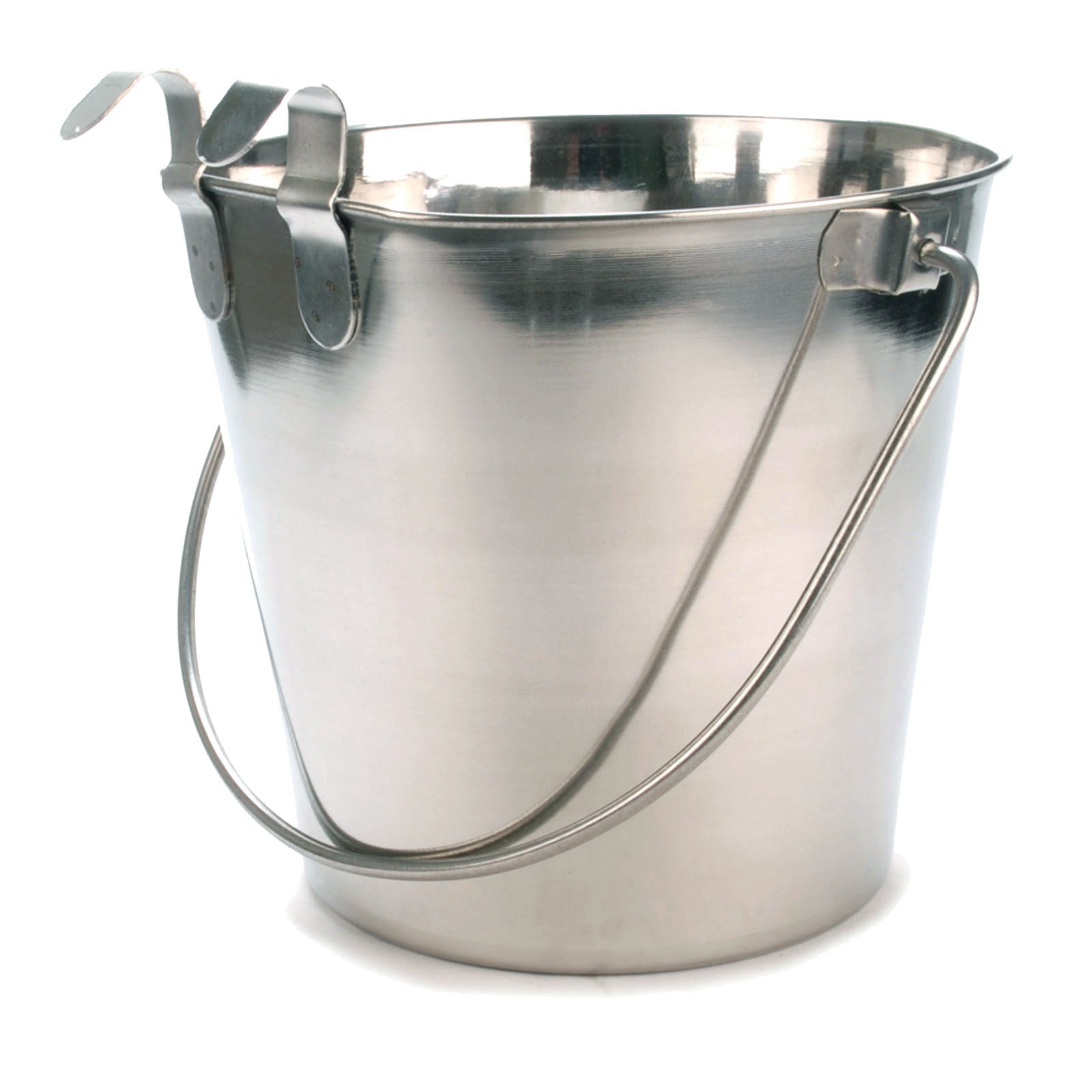 Stainless steel flat-sided pail with two hooks and curved handle, front view