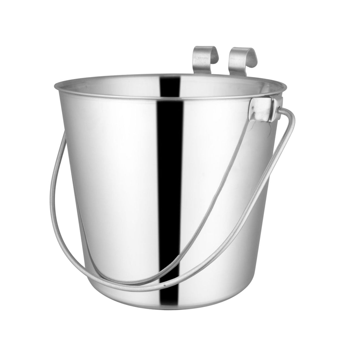 Stainless steel flat-sided pail with two hook brackets and curved handle