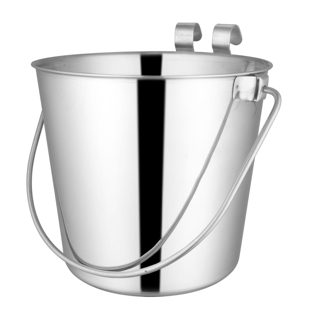 Stainless steel flat-sided pail with two hooks and curved handle, angled view