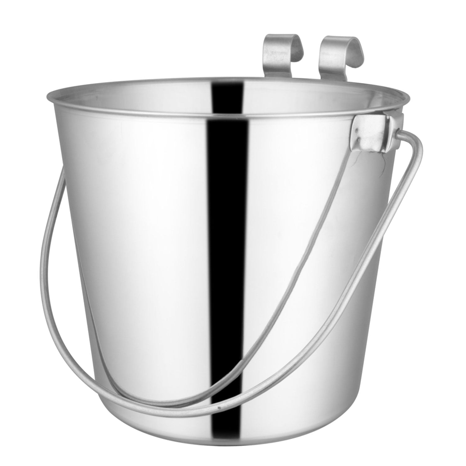 Stainless steel flat-sided pail with two hooks and curved handle, angled view