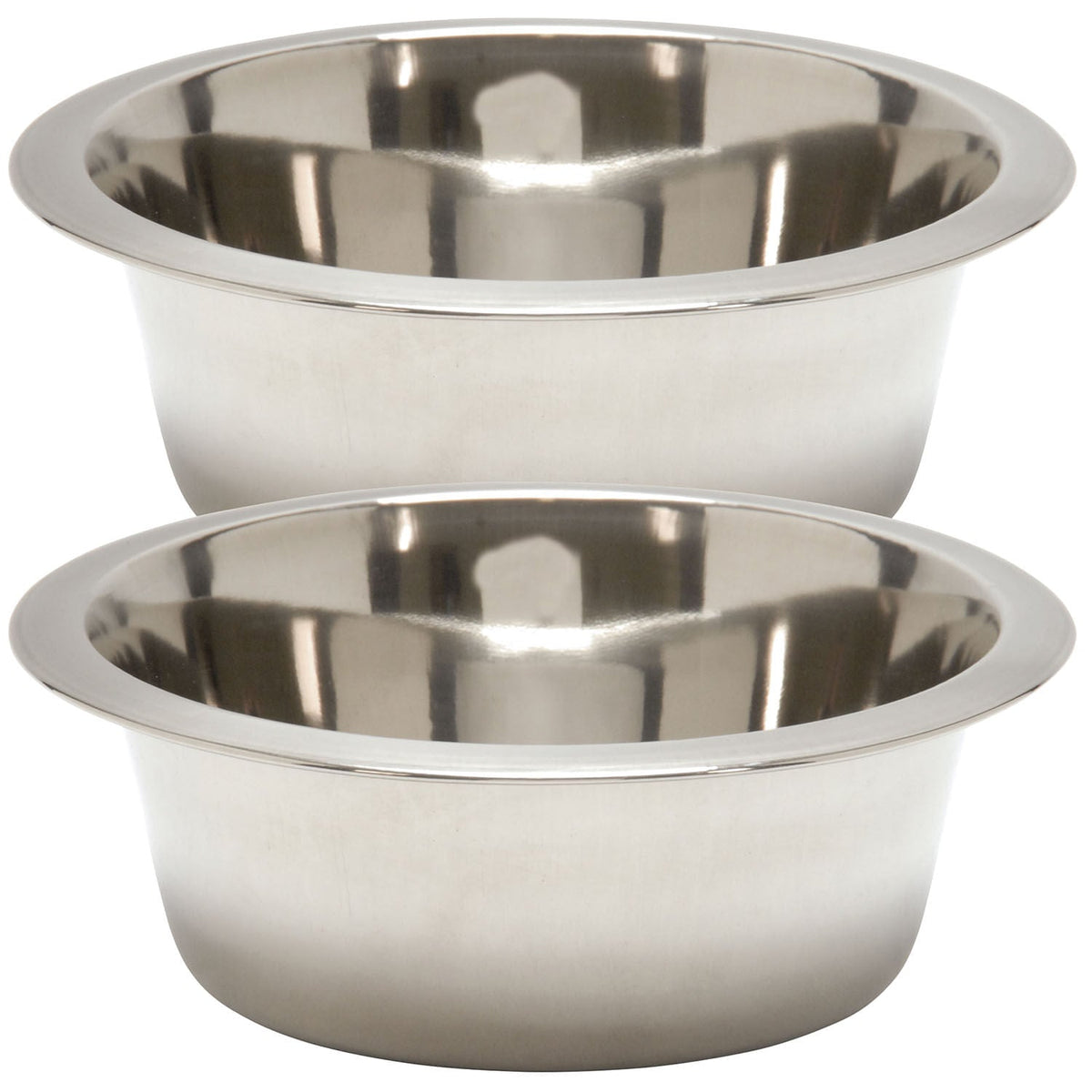 Pair of stainless steel pet food and water bowls with matching rims