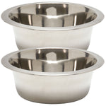 Pair of stainless steel pet food and water bowls with matching rims