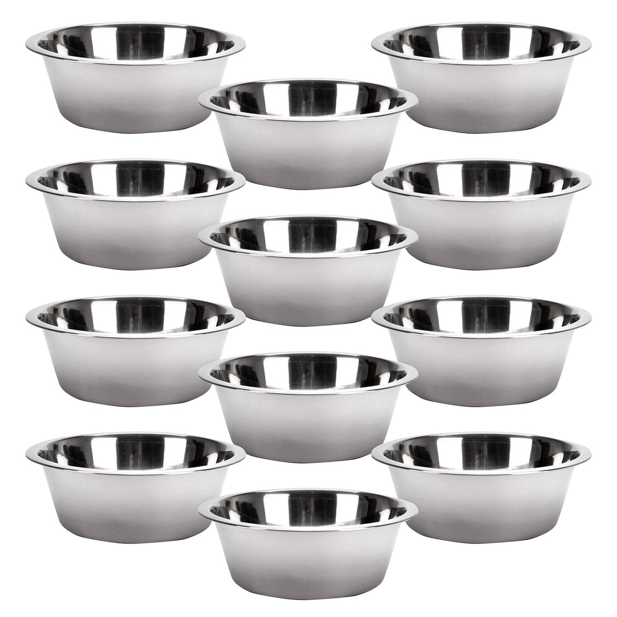 Stainless steel pet bowls set, arranged in a clustered layout