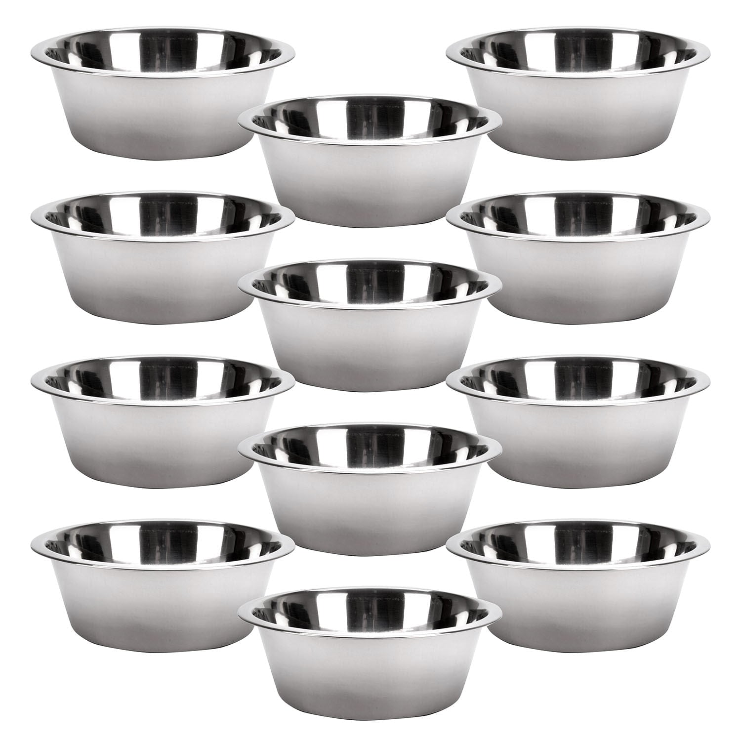 Stainless steel pet bowls set, arranged in a clustered layout
