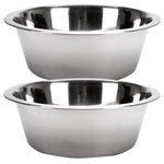 Two stainless steel pet bowls with wide rims