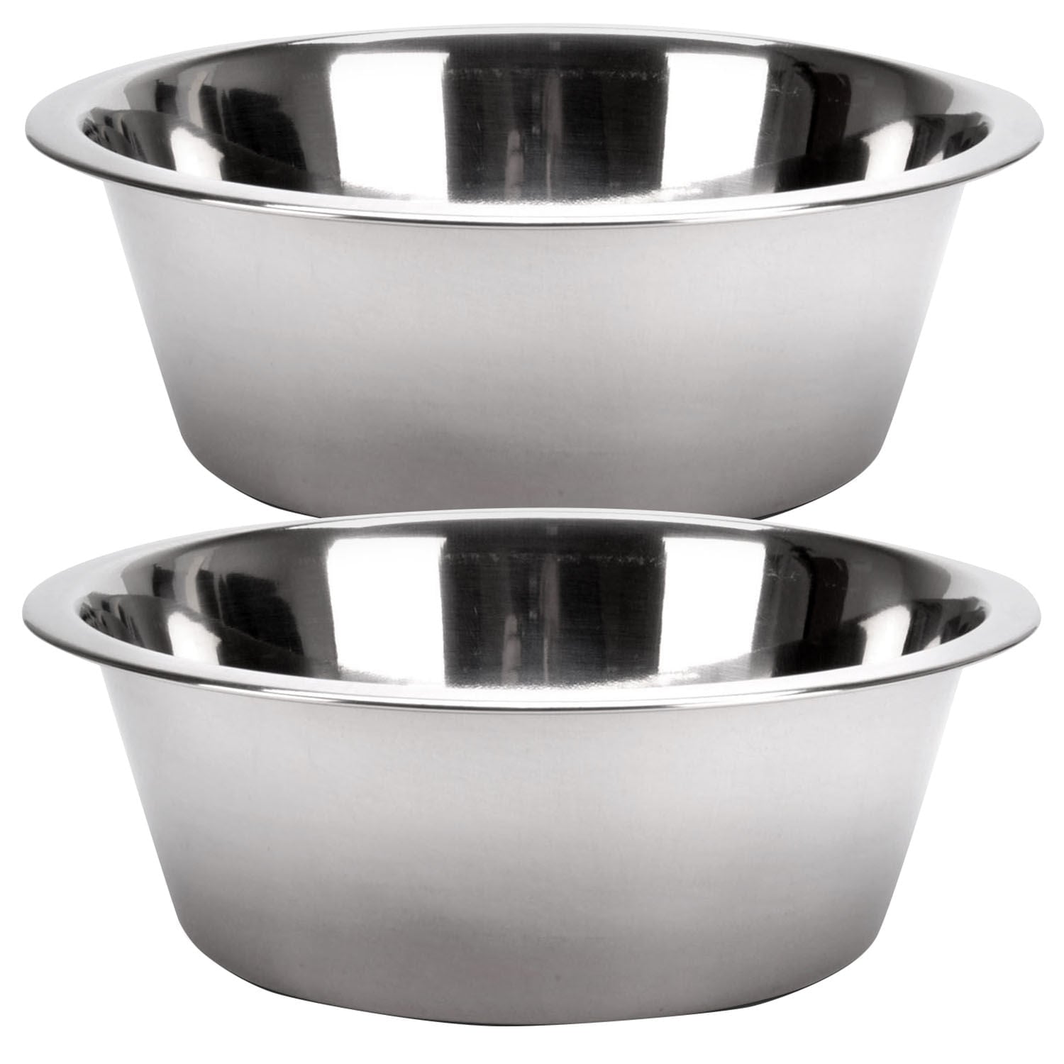 Two stainless steel pet bowls with wide rims
