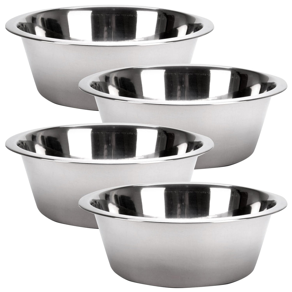 Four stainless steel pet bowls, stacked and nested