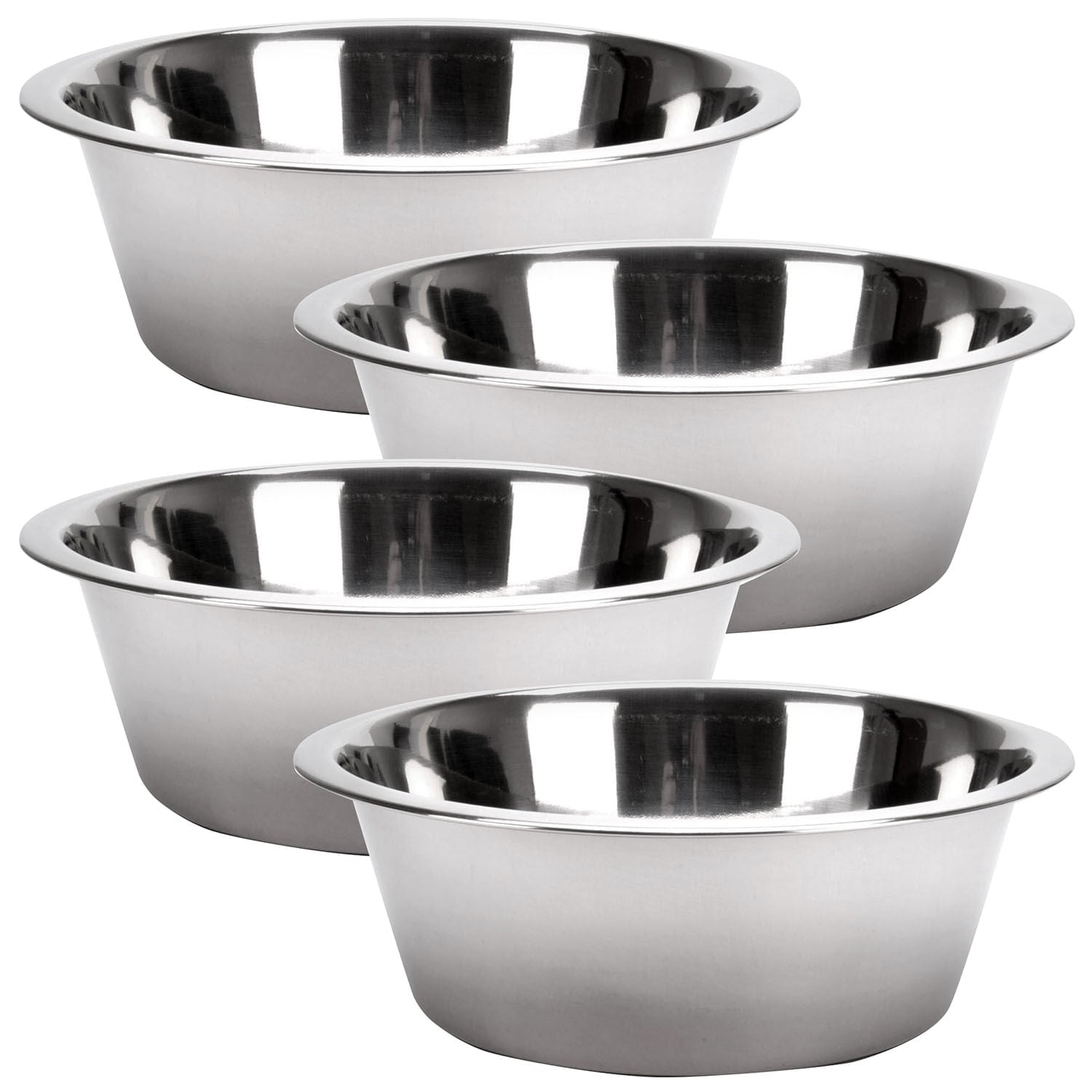 Four stainless steel pet bowls, stacked and nested