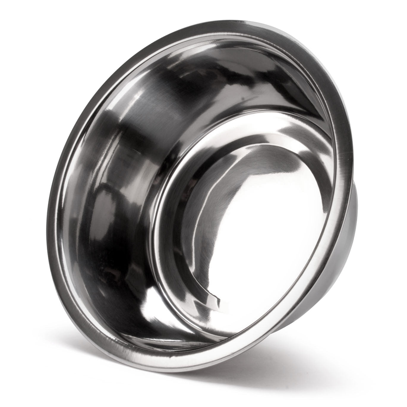 Stainless steel pet bowl viewed from the side with rolled rim