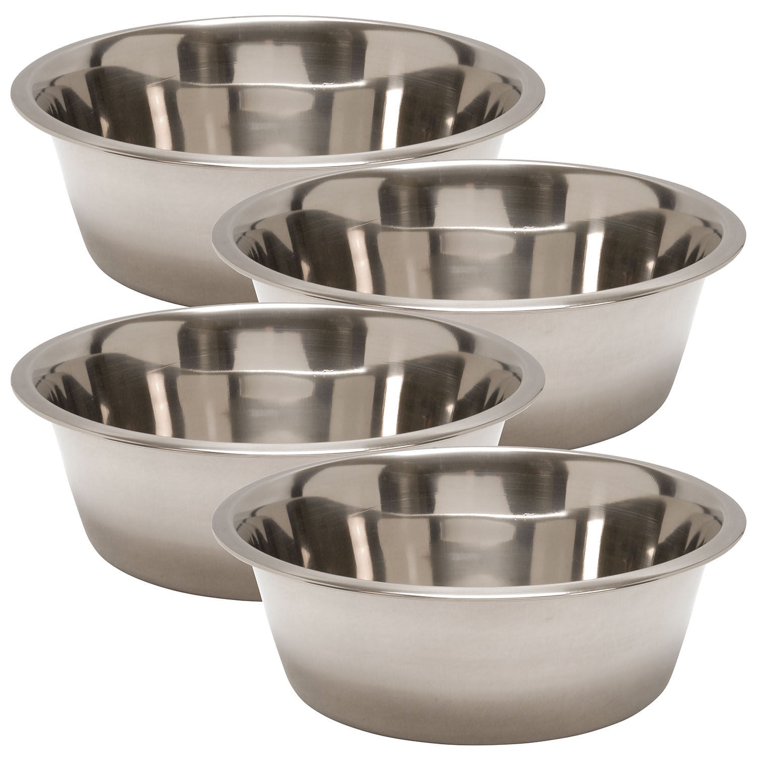 Stacked set of stainless steel pet food and water bowls in different sizes