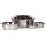 Set of stainless steel pet food and water bowls in assorted sizes