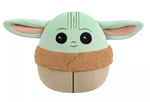 Grogu plush dog toy with mint ears and brown collar, rounded pod shape, friendly face