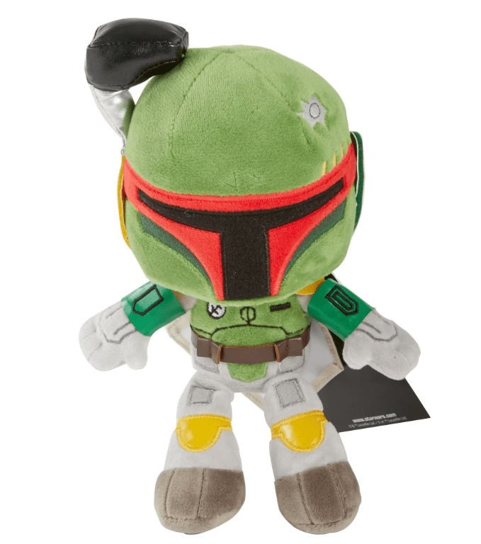 Green Mandalorian plush dog toy with black helmet visor, gray suit and brown belt