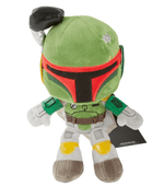 Green Mandalorian plush dog toy with black helmet visor, gray suit and brown belt