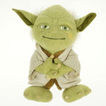 Yoda plush dog toy with light green face, beige robe, and spread hands