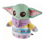 Mint green baby Yoda plush dog toy with purple scarf, yellow pants and patterned belly