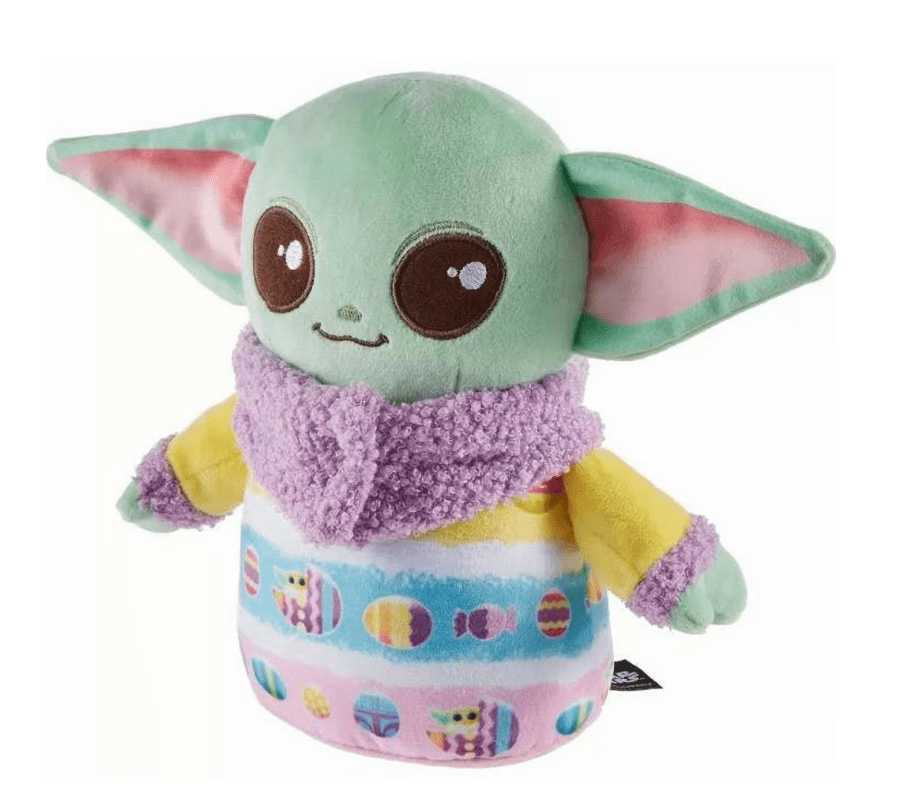 Mint green baby Yoda plush dog toy with purple scarf, yellow pants and patterned belly