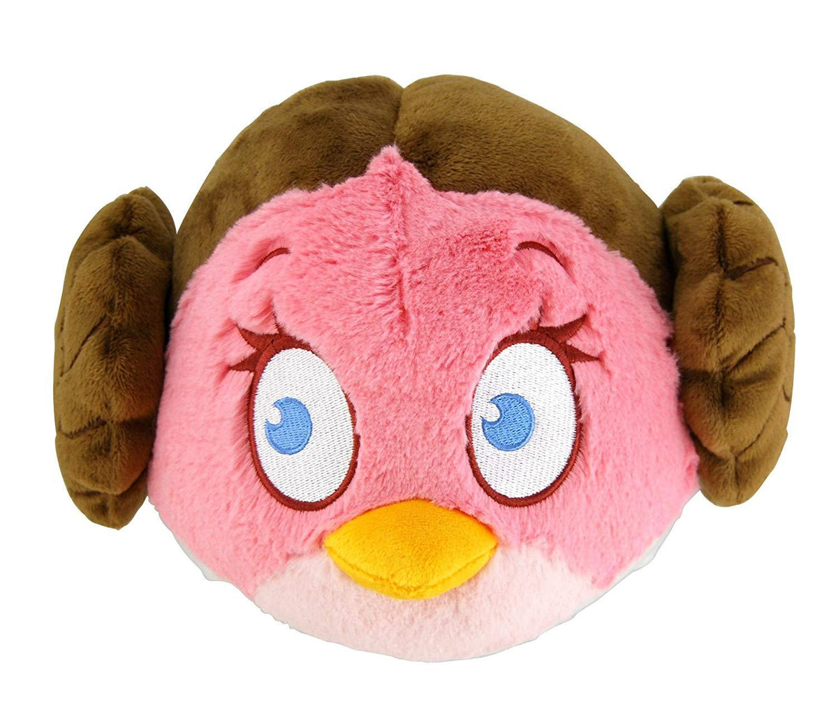 Pink and brown plush dog toy face with blue eyes and yellow beak, rounded shape