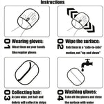 Pet grooming mitt instructions chart: wear, rub surface, collect hair, wash gloves