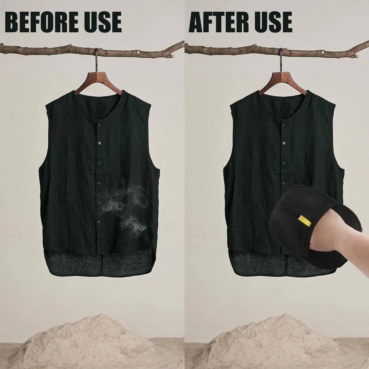 Black grooming mitt with yellow tab, used to remove pet hair from a dark vest