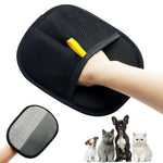Black pet grooming hair-removal mitt with yellow pull tab, with soft gray inner pad