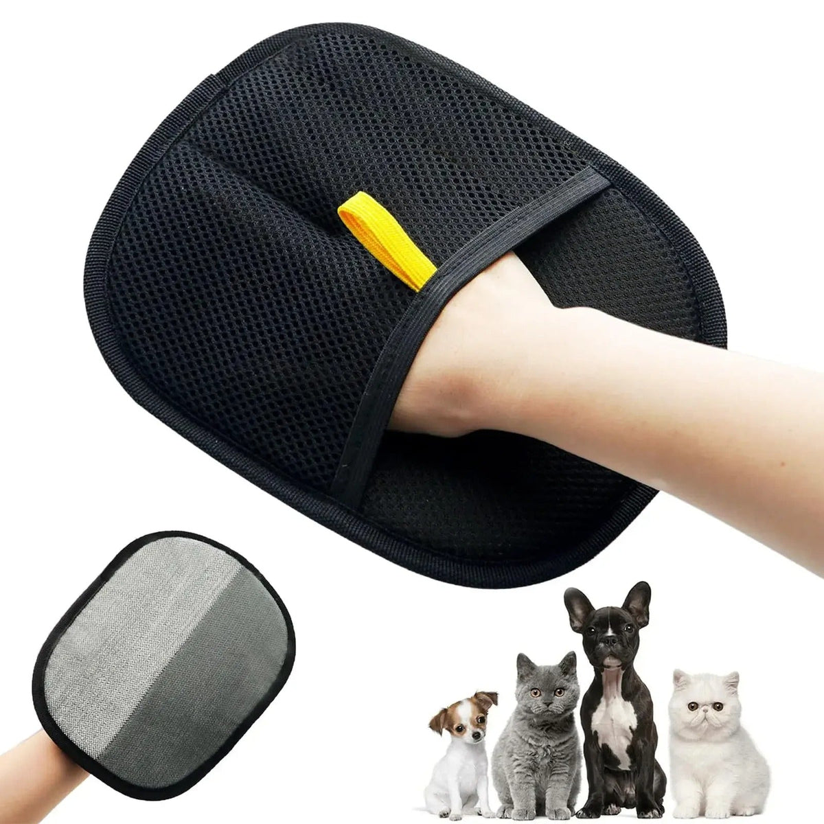 Black pet grooming hair-removal mitt with yellow pull tab, with soft gray inner pad