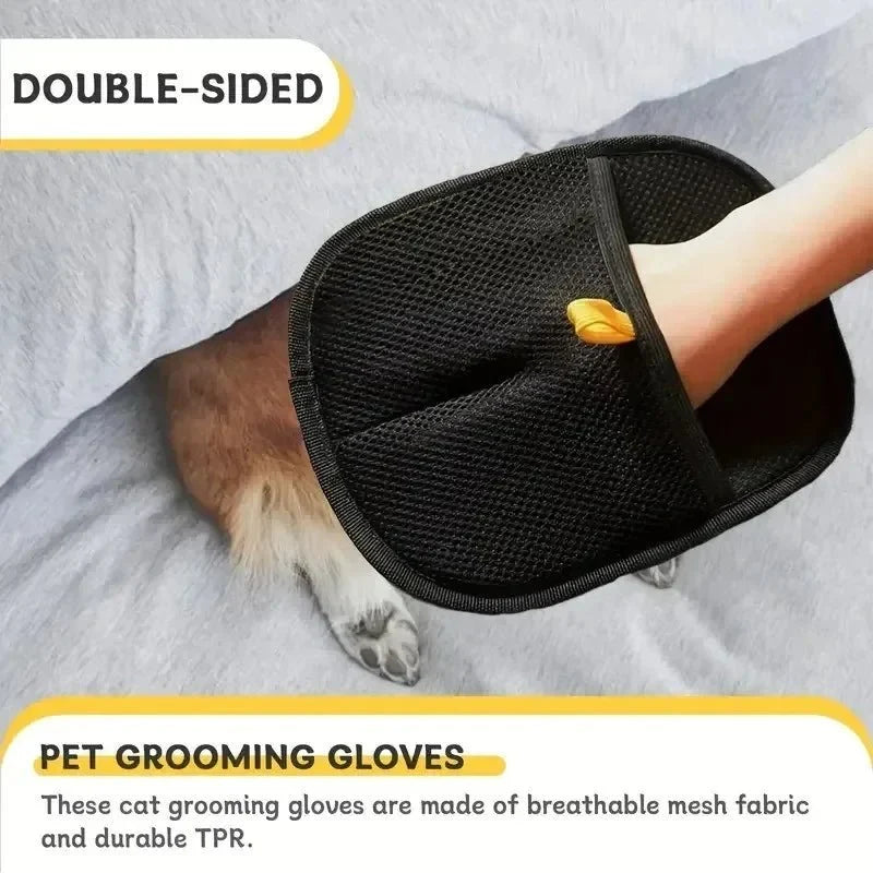 Black double-sided grooming glove with yellow tab on pet fur, hand brushing