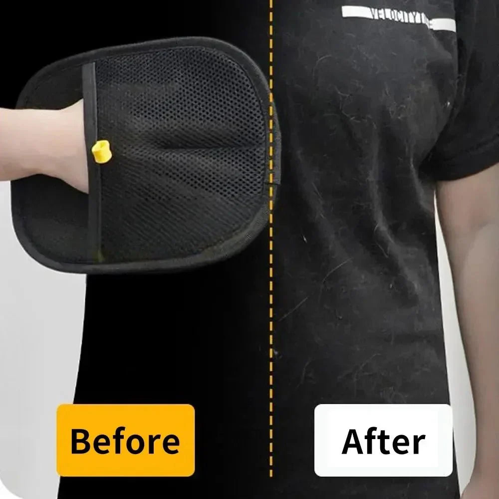Pet grooming mitt with yellow tab; “Before” and “After” hair-removal comparison graphic