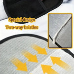 Black grooming mitt with yellow tab and textured two-way bristle pattern on mesh