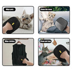 Black pet grooming glove with yellow tab, shown wiping cat, room, clothes, and toys