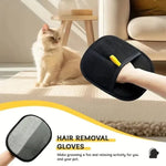 Black pet grooming mitt with yellow tab; “Hair Removal Gloves” text on packaging graphic