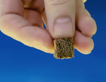 Hand holding a freeze-dried blackworm cube pellet above water